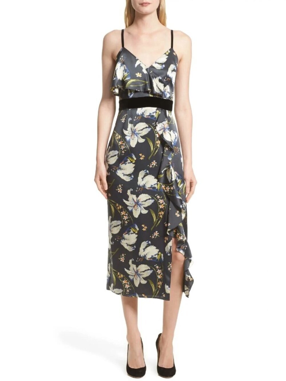 CINQ A SEPT Leena Floral Silk Charmeuse Ruffle Velvet Midi Sheath Dress, Size 2